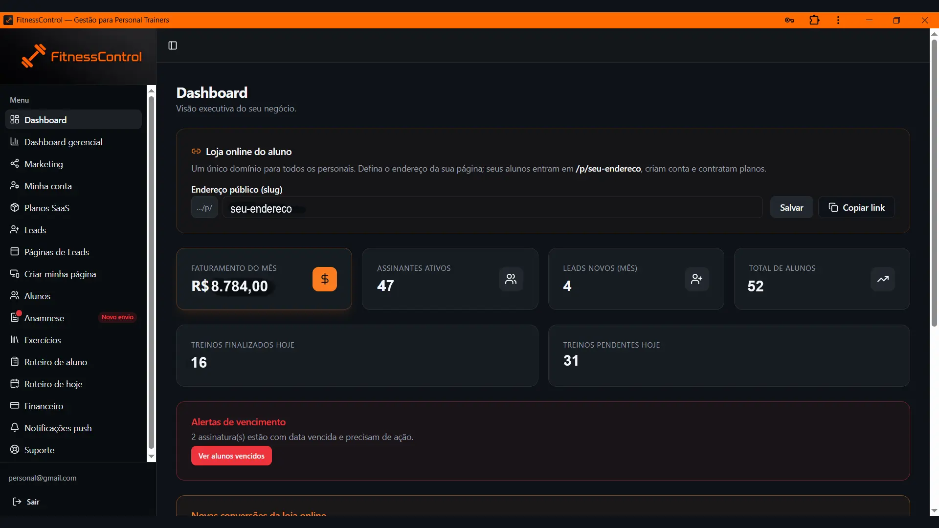 Dashboard do assessor no FitnessControl
